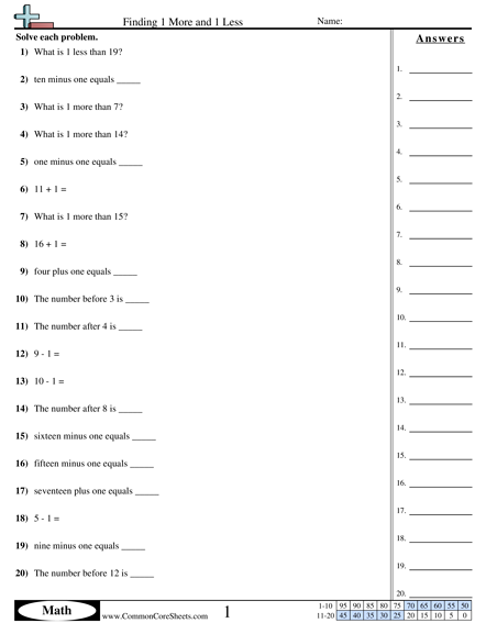 Addition Worksheets - Finding 1 More and 1 Less worksheet